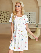 Ekouaer Bamboo Viscose Soft Nightgowns Short Sleeve Ruffled with Pocket