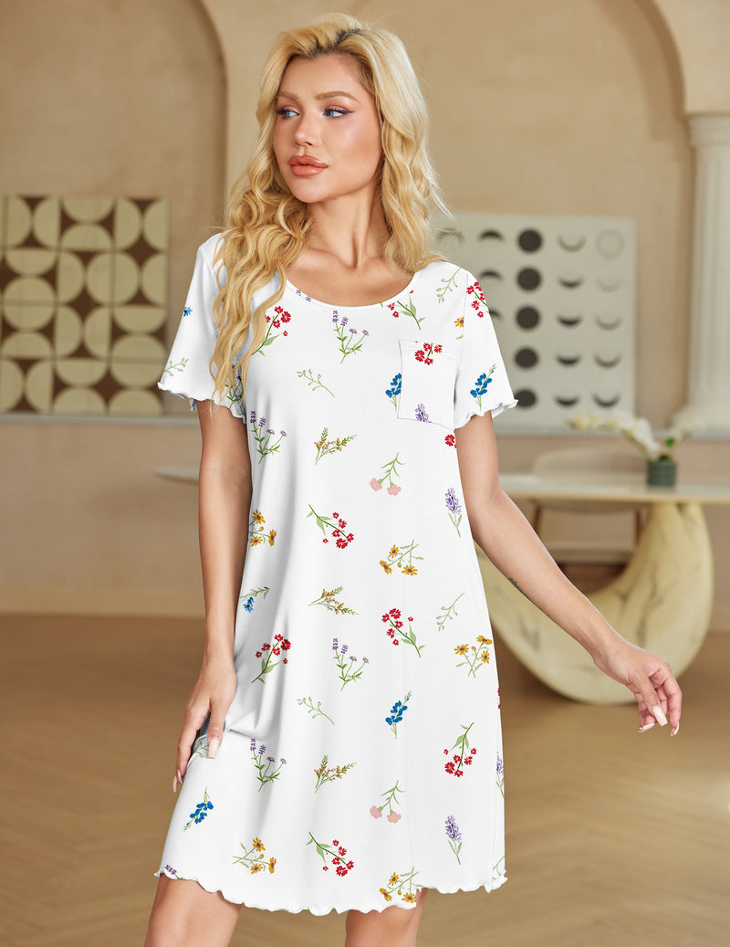 Ekouaer Bamboo Viscose Soft Nightgowns Short Sleeve Ruffled with Pocket