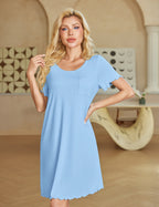 Ekouaer Bamboo Viscose Soft Nightgowns Short Sleeve Ruffled with Pocket