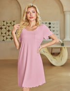 Ekouaer Bamboo Viscose Soft Nightgowns Short Sleeve Ruffled with Pocket