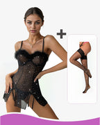 Diamond See-Through Elastic Slit Dress Set