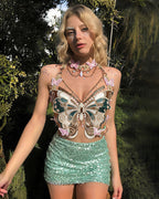 Embroidered Butterfly Top with Pearl Chain & Sequin Skirt Options
