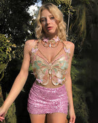 Embroidered Butterfly Top with Pearl Chain & Sequin Skirt Options