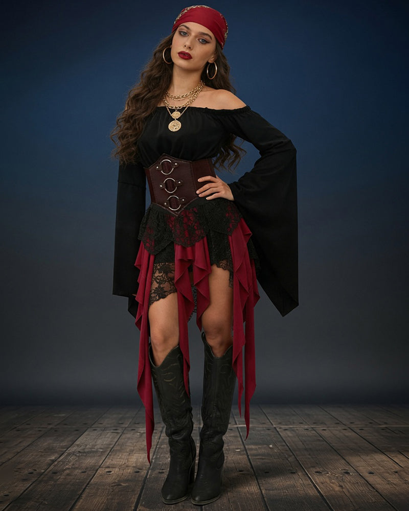 Pirate Costume Set Off-Shoulder Dress Corset Skirt Accessories