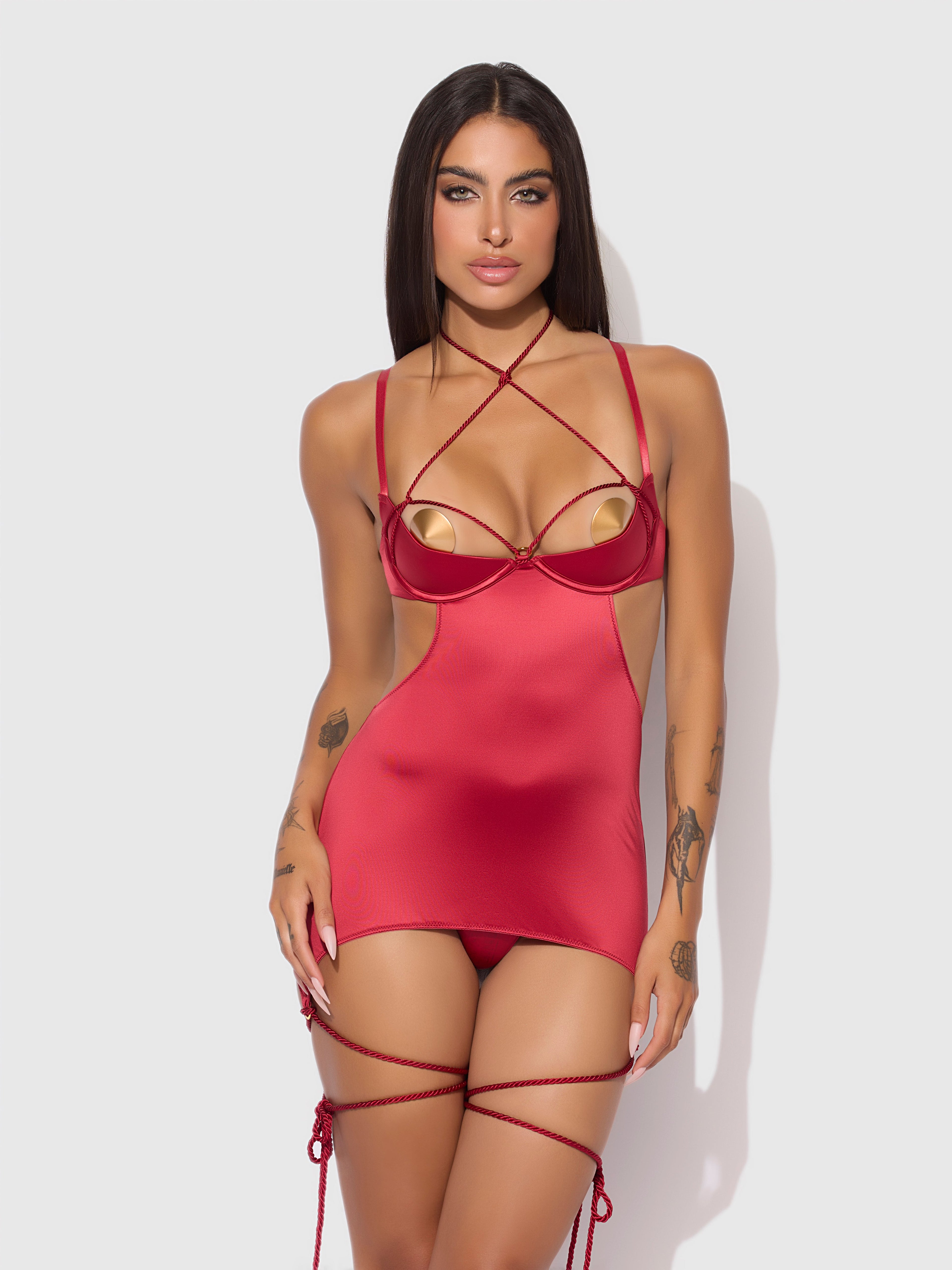 Nadya Liquid Satin & Rope Open Back Chemise & G-String Set