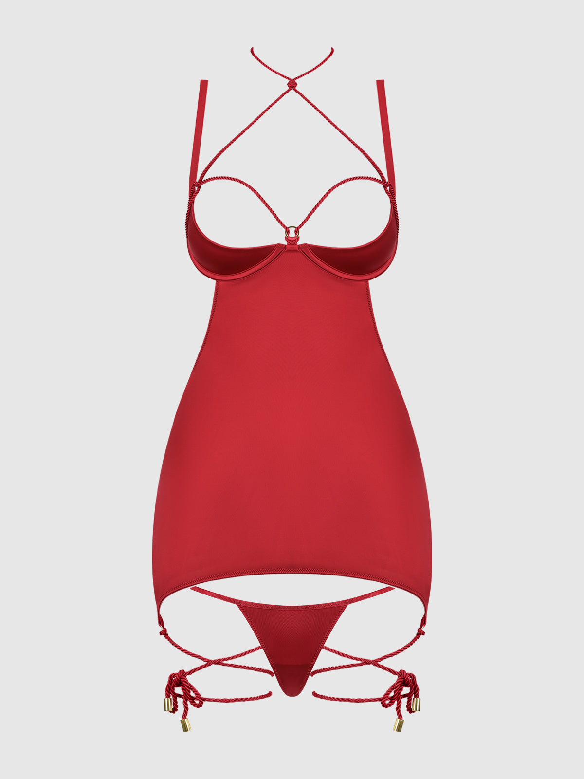 Nadya Liquid Satin & Rope Open Back Chemise & G-String Set