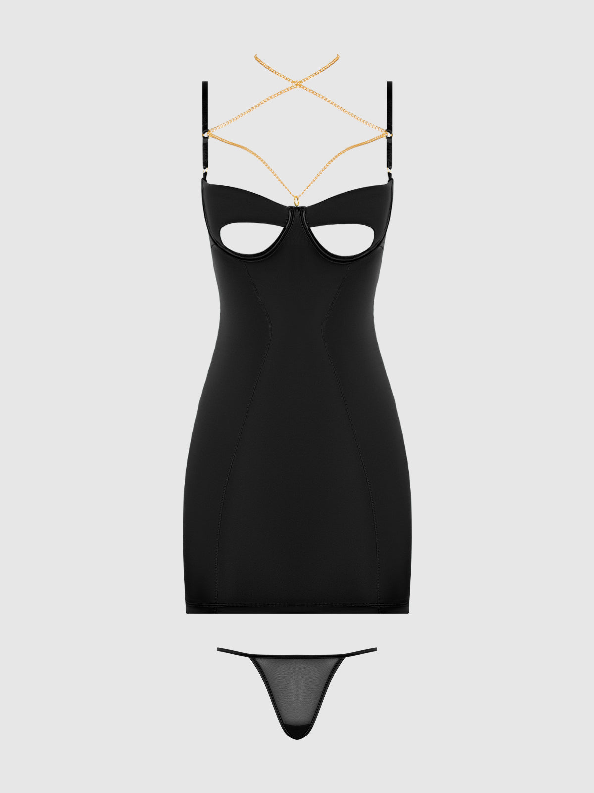 Emery Liquid Satin & Chain Open Cup & Back Chemise Set