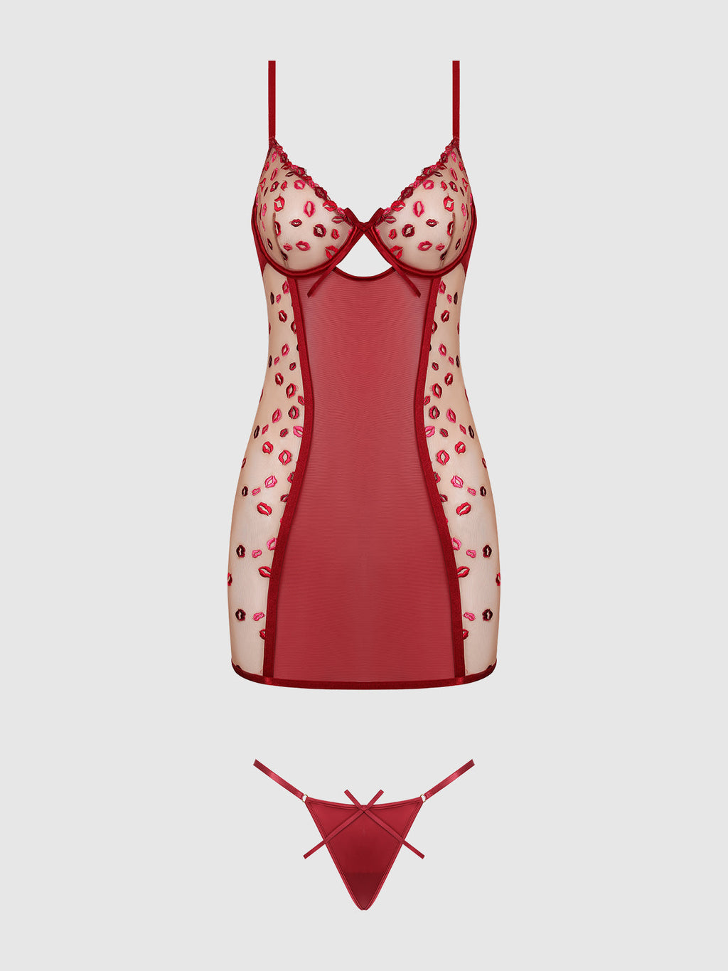 Angelica Lips Embroidery Open Bow Back Chemise Set