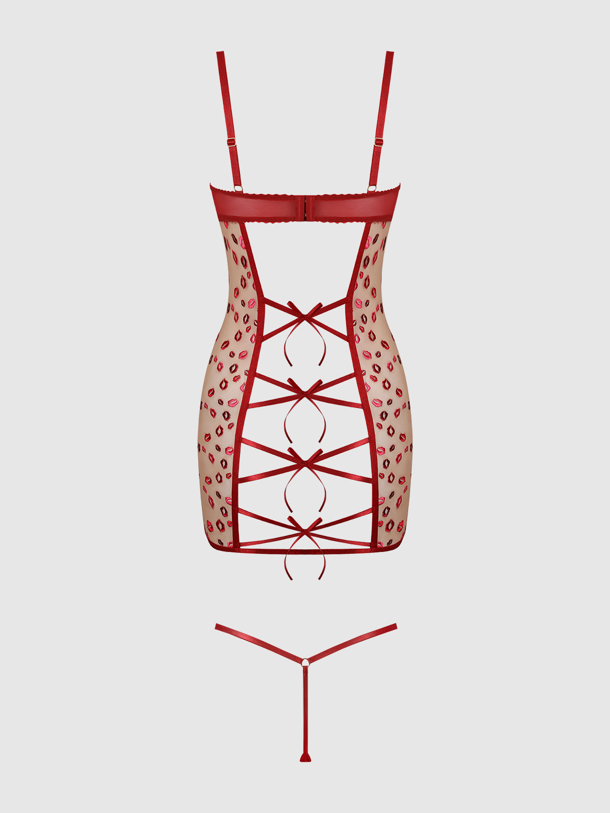 Angelica Lips Embroidery Open Bow Back Chemise Set