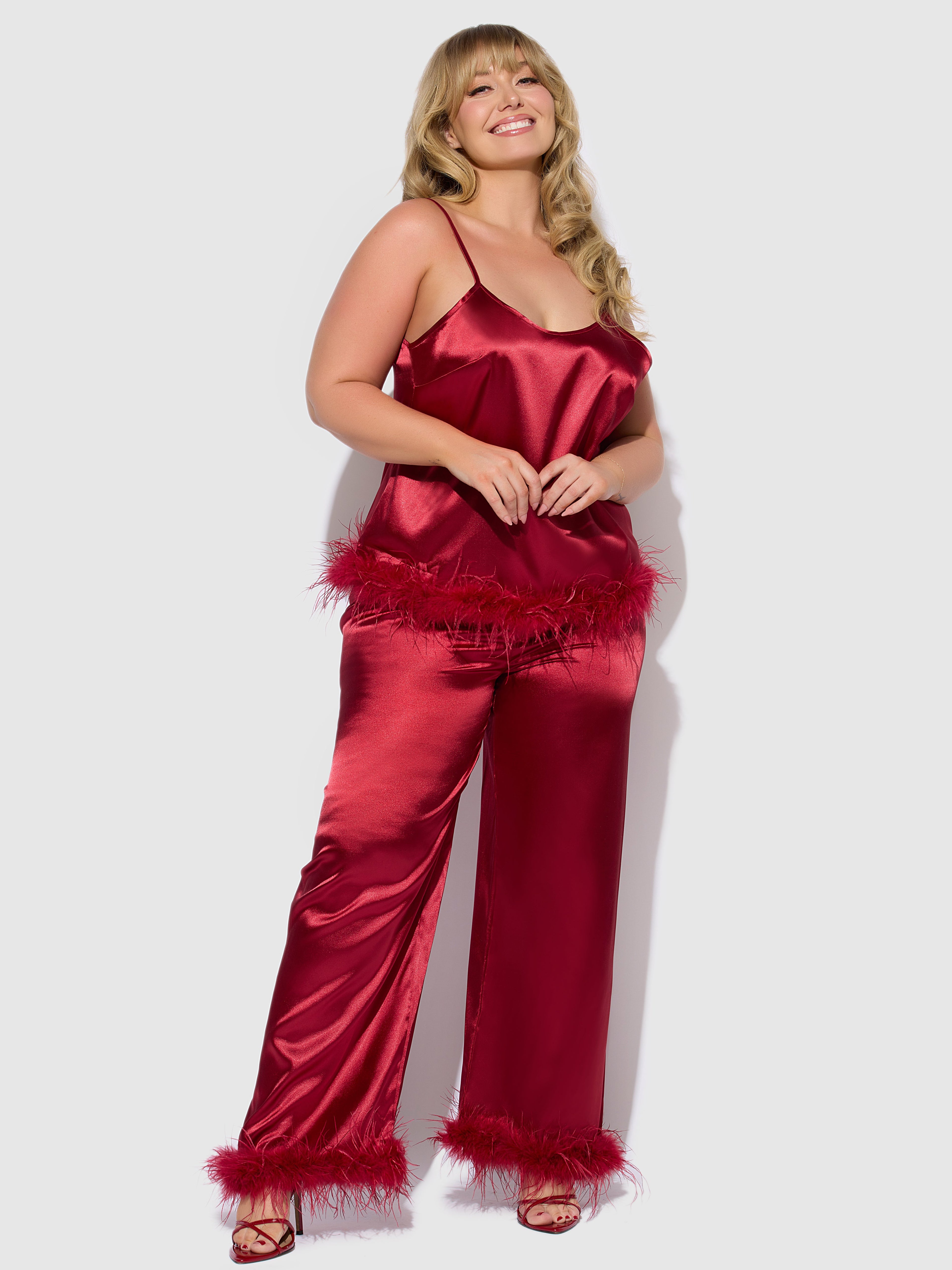 Scarlett Satin Sleep Cami & Long Pant With Feather Trim
