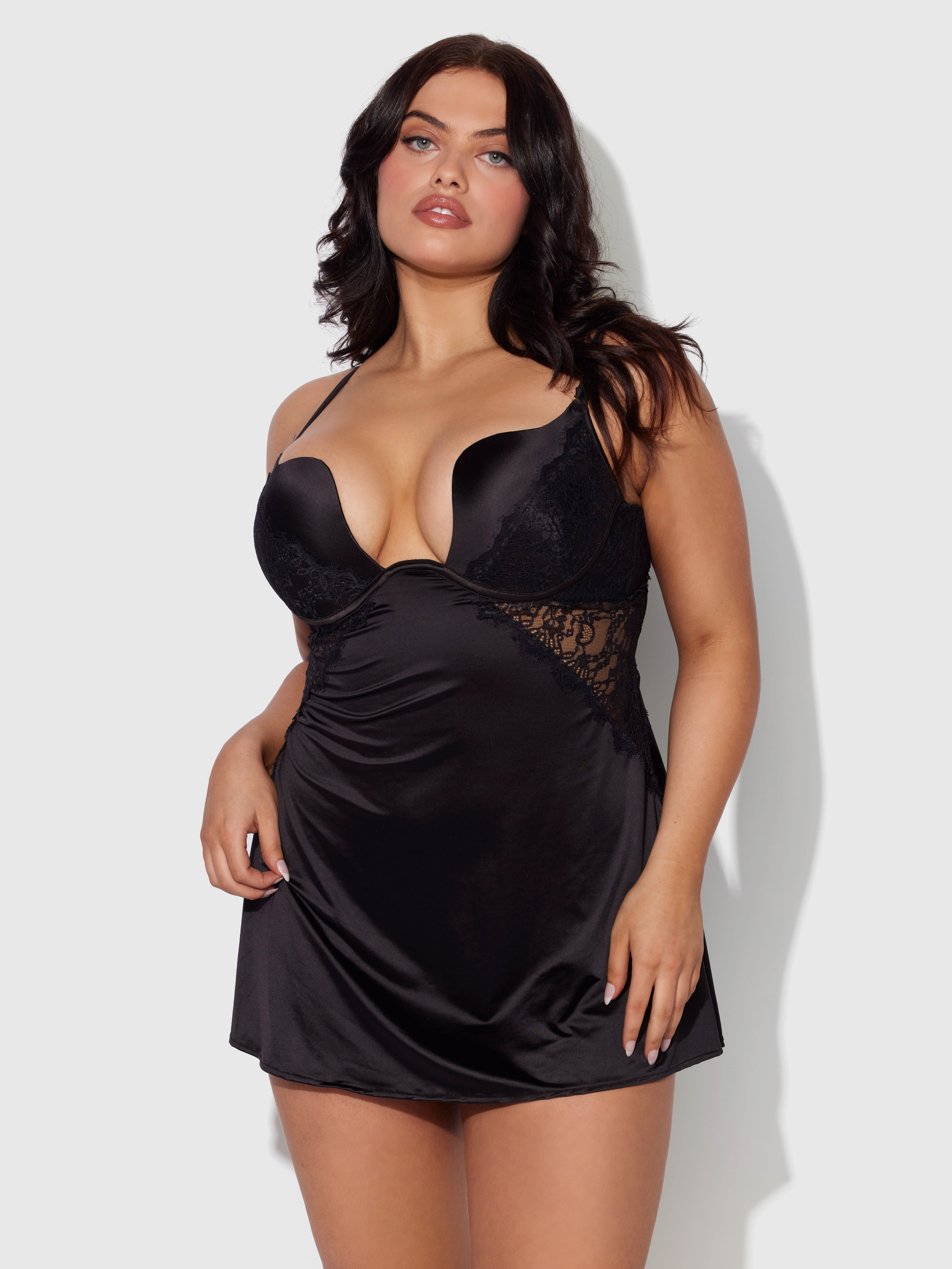 Rising Star Plunge Push Up Babydoll in Liquid Satin & Lace