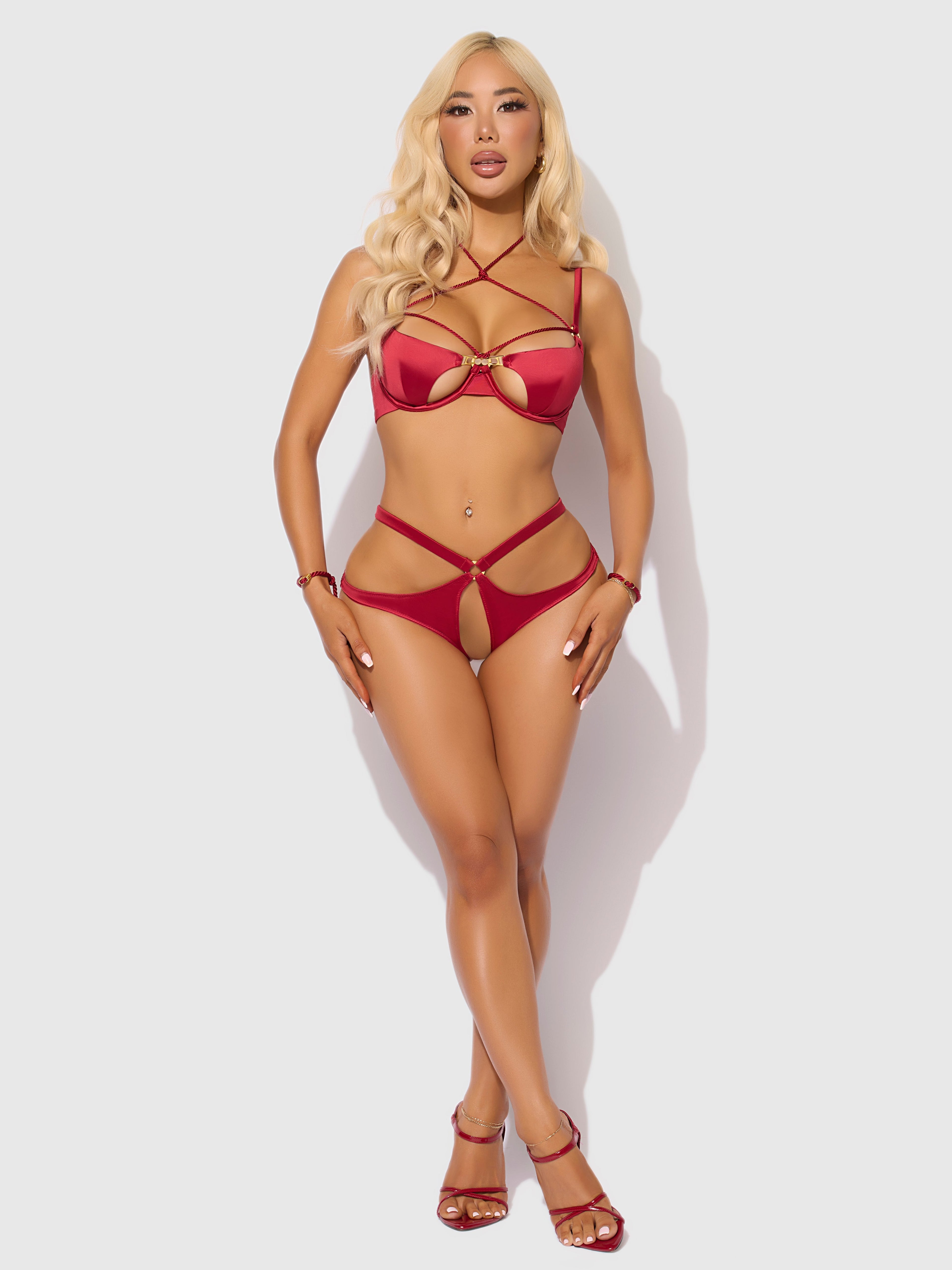 Nadya Liquid Satin & Rope Crotchless & Hand Cuff Hipster