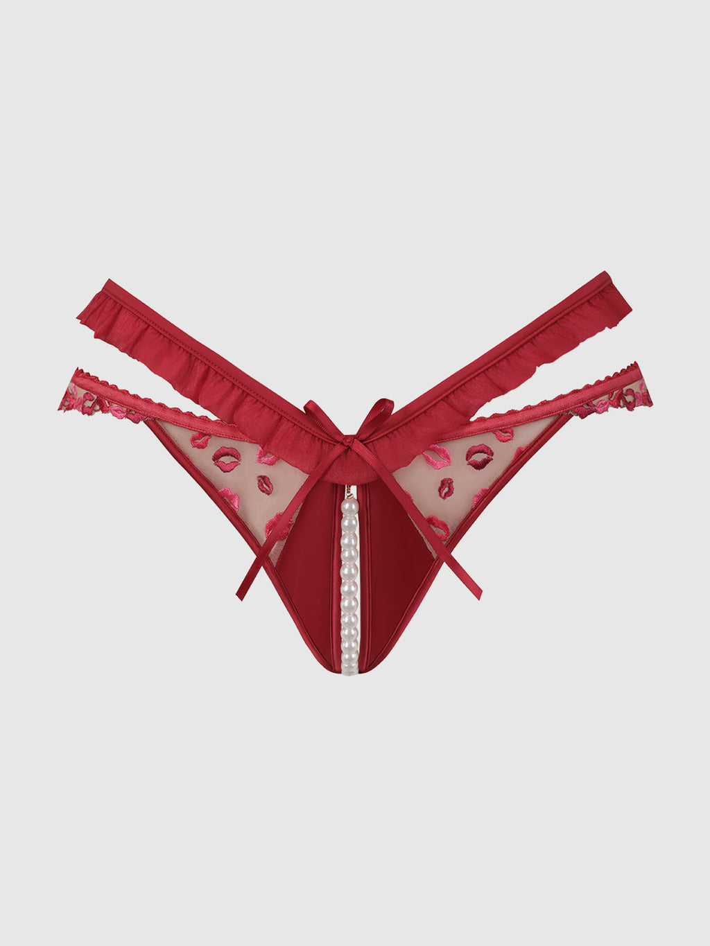 Angelica Lips Embroidery Pearl & Crotchless Bikini