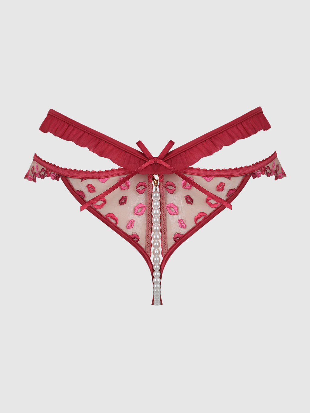 Angelica Lips Embroidery Pearl & Crotchless Bikini