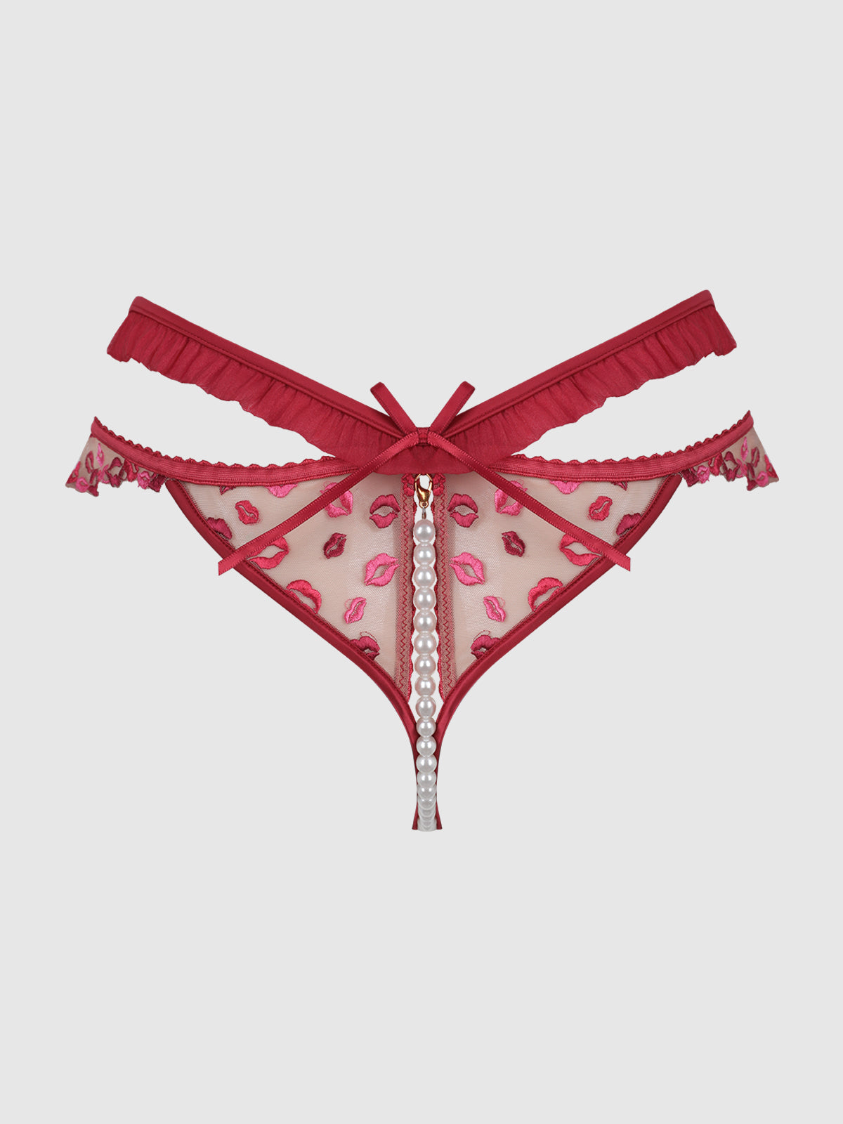 Angelica Lips Embroidery Pearl & Crotchless Bikini