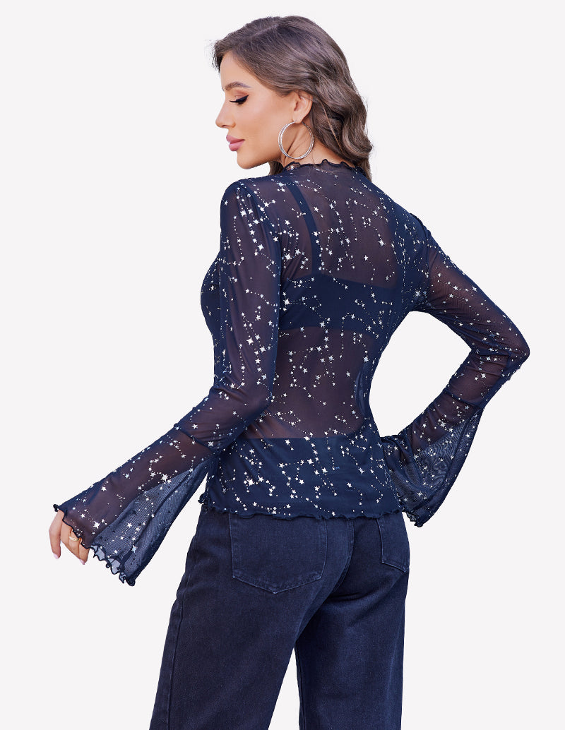 Mesh Tops Long Bell Sleeve Blouses