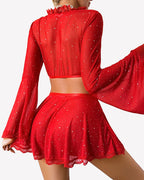 Sparkly Sheer Mesh 3 Piece Bell Sleeve Crop Top with Mini Skirt