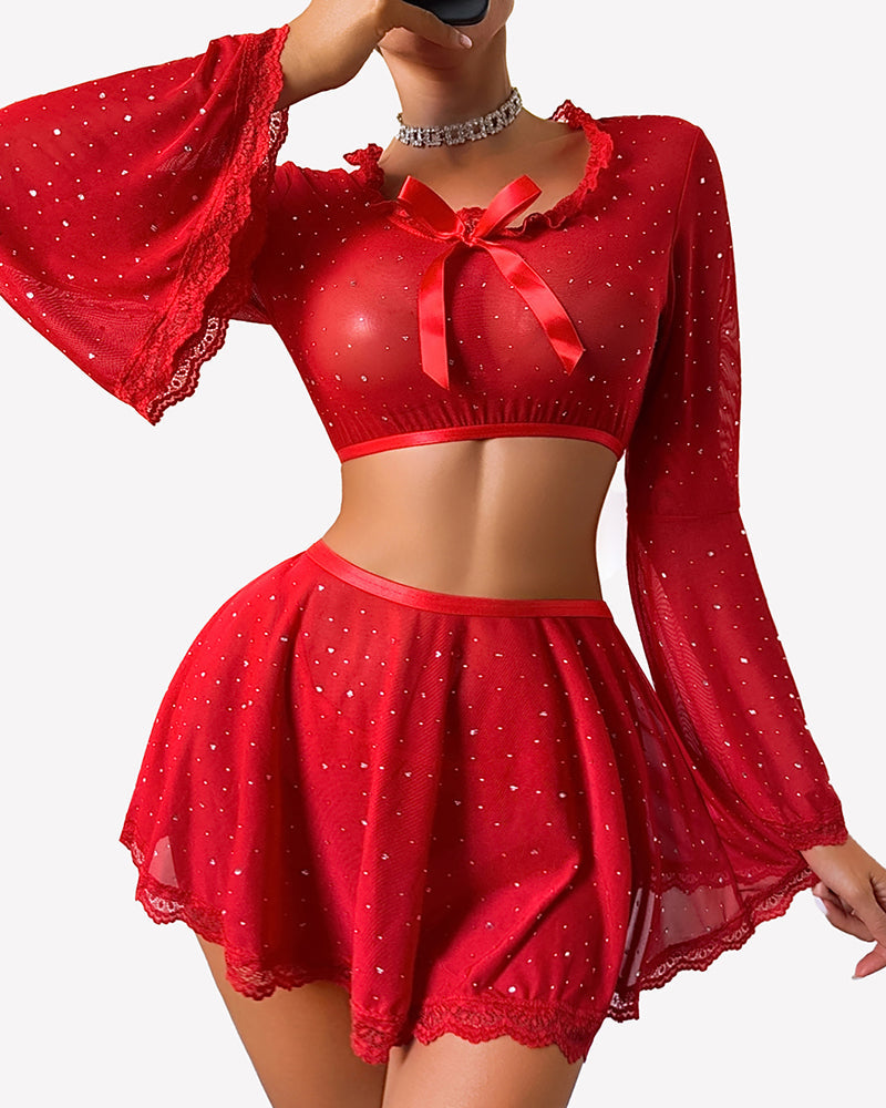 Sparkly Sheer Mesh 3 Piece Bell Sleeve Crop Top with Mini Skirt