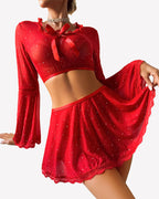 Sparkly Sheer Mesh 3 Piece Bell Sleeve Crop Top with Mini Skirt