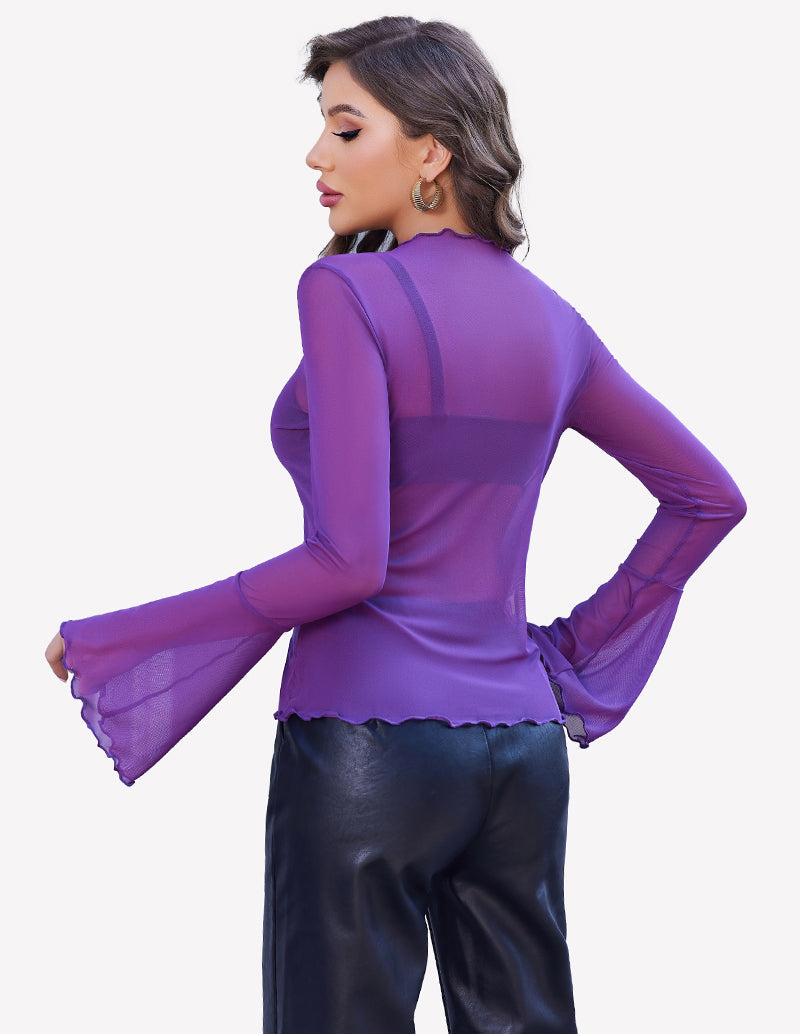 Mesh Tops Long Bell Sleeve Blouses