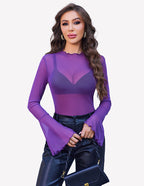 Mesh Tops Long Bell Sleeve Blouses