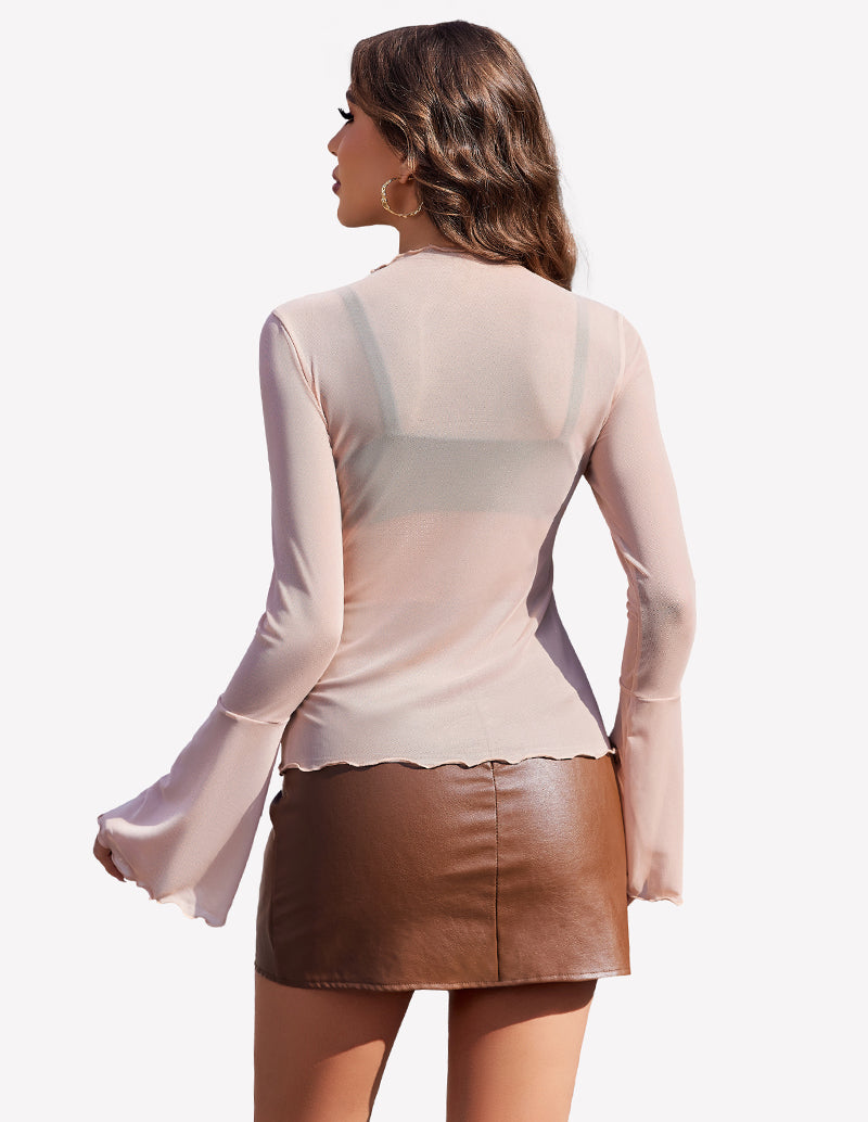 Mesh Tops Long Bell Sleeve Blouses