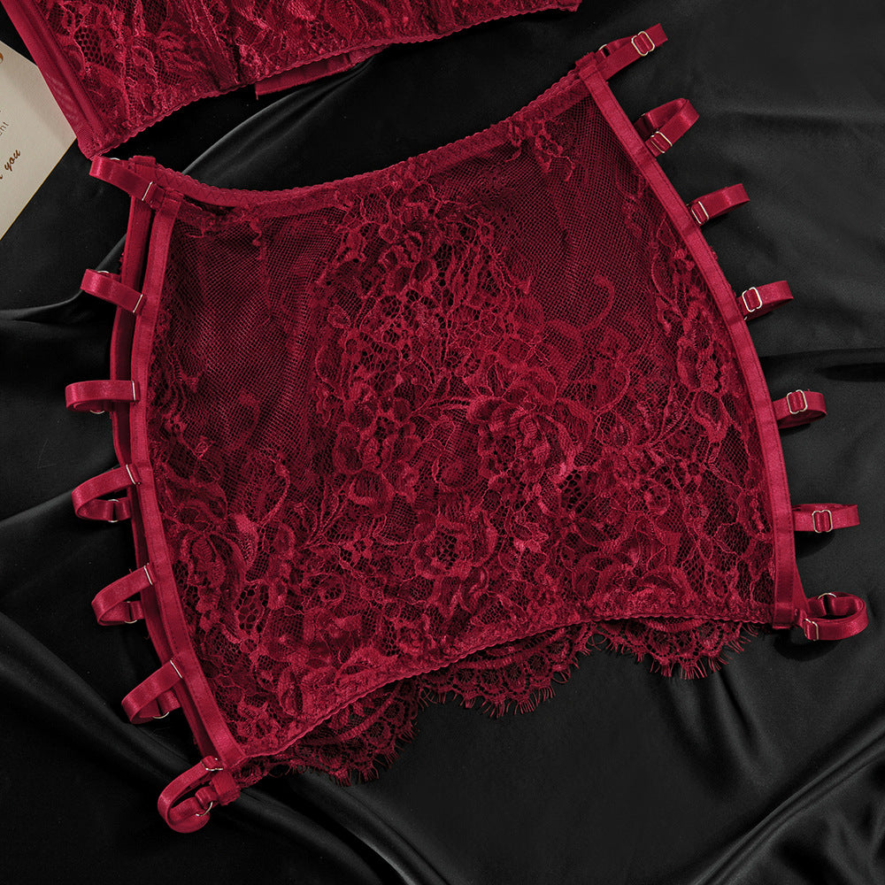 Ultra-Thin Mesh Embroidery Lingerie Set, Hollow See-Through Underwire Cami 3-Piece Sexy Outfit