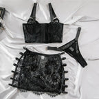 Ultra-Thin Mesh Embroidery Lingerie Set, Hollow See-Through Underwire Cami 3-Piece Sexy Outfit
