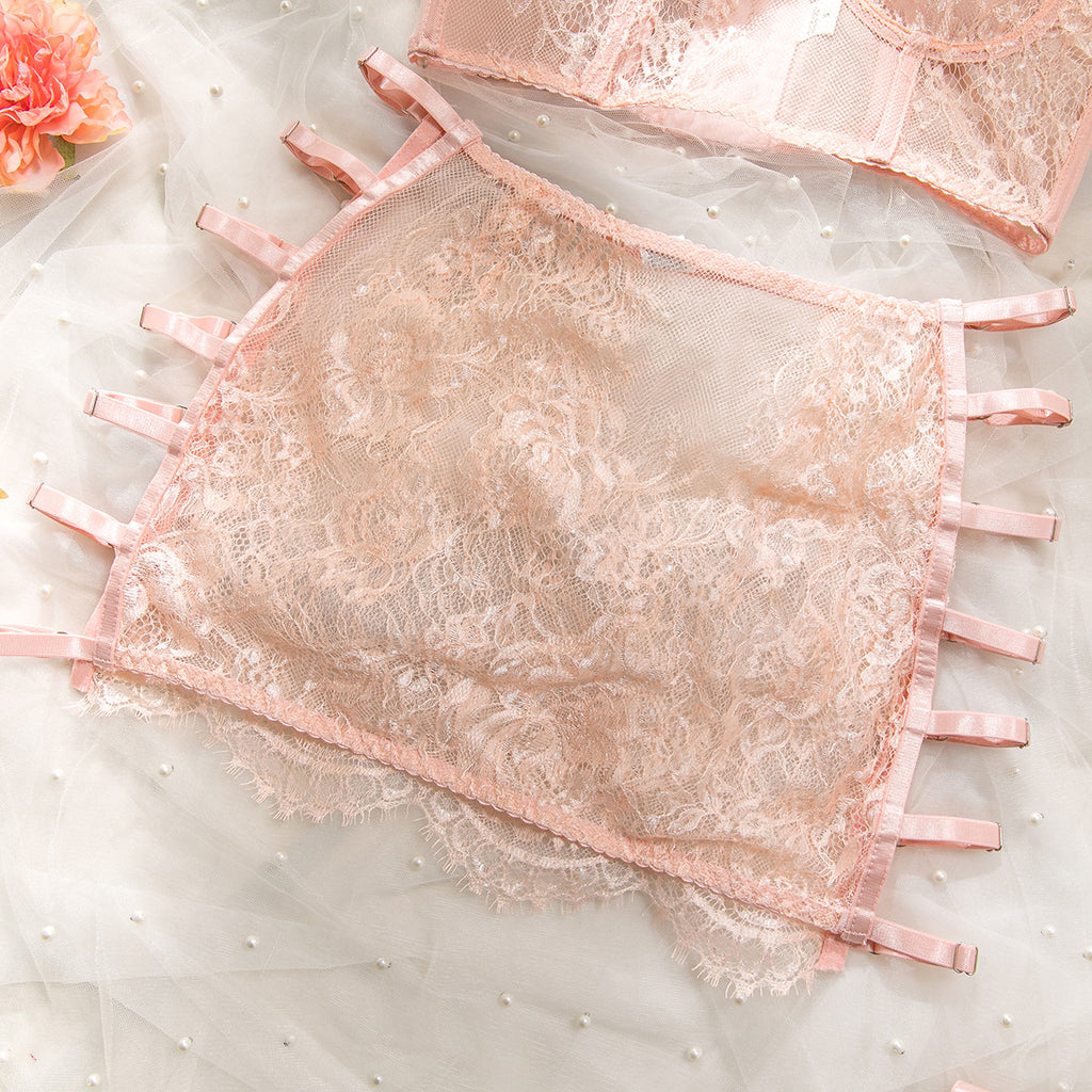 Ultra-Thin Mesh Embroidery Lingerie Set, Hollow See-Through Underwire Cami 3-Piece Sexy Outfit