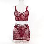 Ultra-Thin Mesh Embroidery Lingerie Set, Hollow See-Through Underwire Cami 3-Piece Sexy Outfit