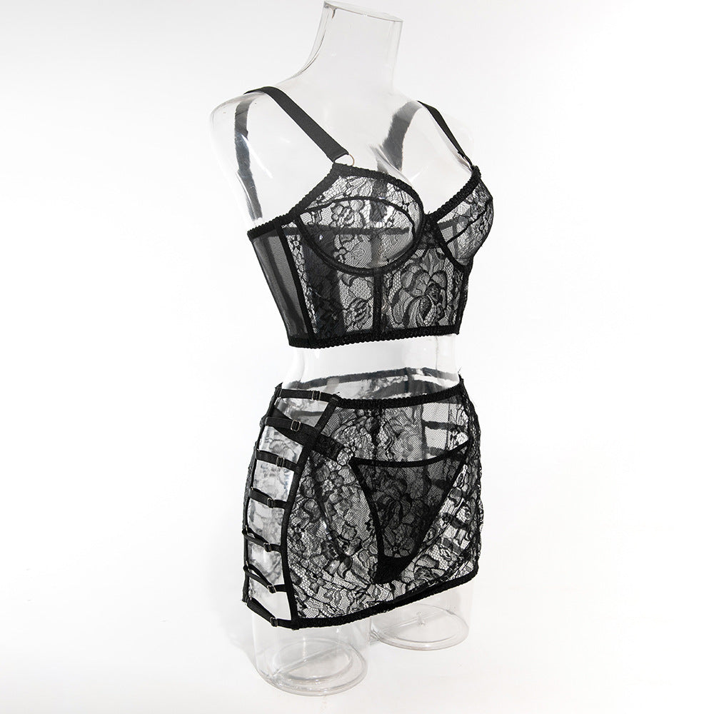 Ultra-Thin Mesh Embroidery Lingerie Set, Hollow See-Through Underwire Cami 3-Piece Sexy Outfit