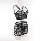 Ultra-Thin Mesh Embroidery Lingerie Set, Hollow See-Through Underwire Cami 3-Piece Sexy Outfit
