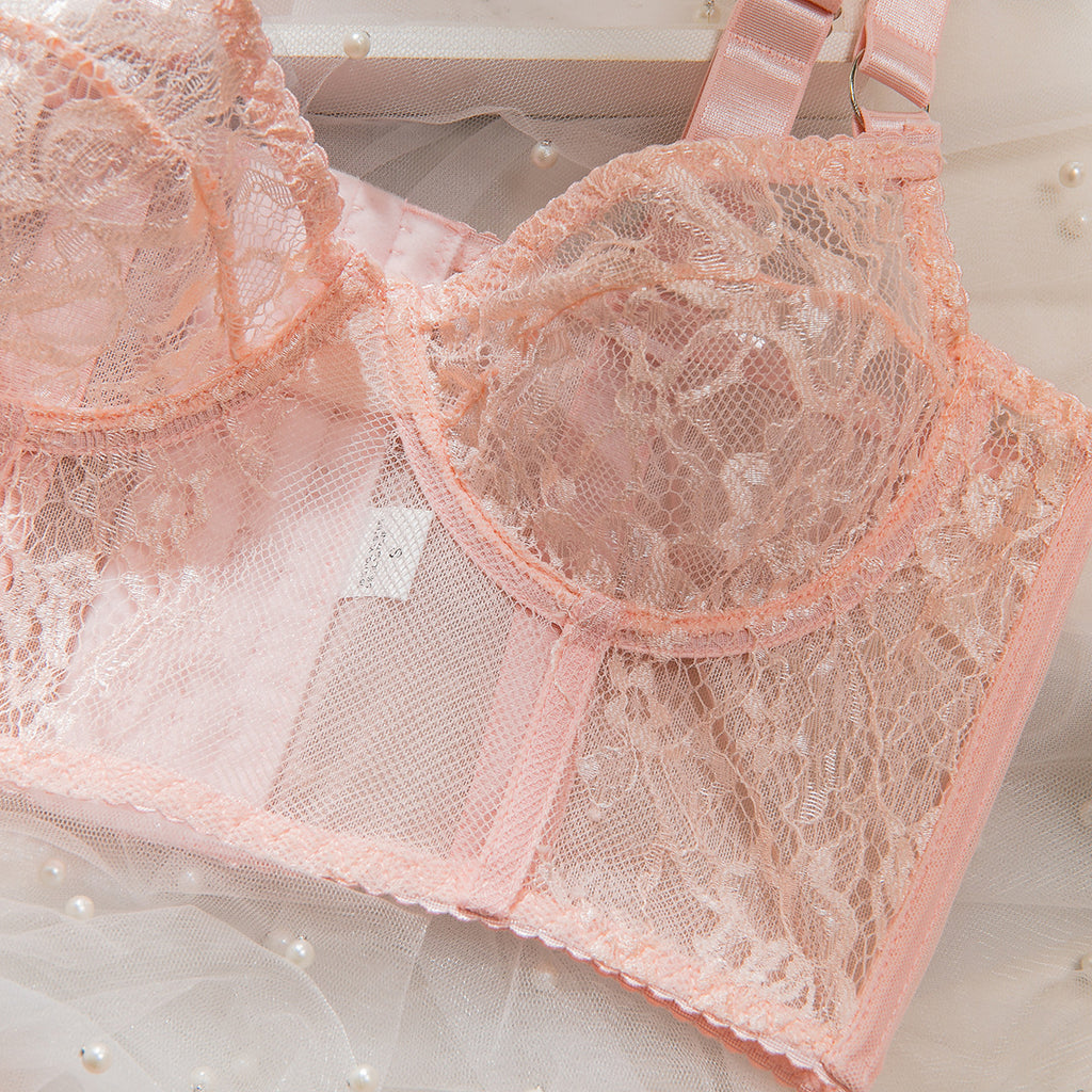 Ultra-Thin Mesh Embroidery Lingerie Set, Hollow See-Through Underwire Cami 3-Piece Sexy Outfit