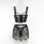Ultra-Thin Mesh Embroidery Lingerie Set, Hollow See-Through Underwire Cami 3-Piece Sexy Outfit