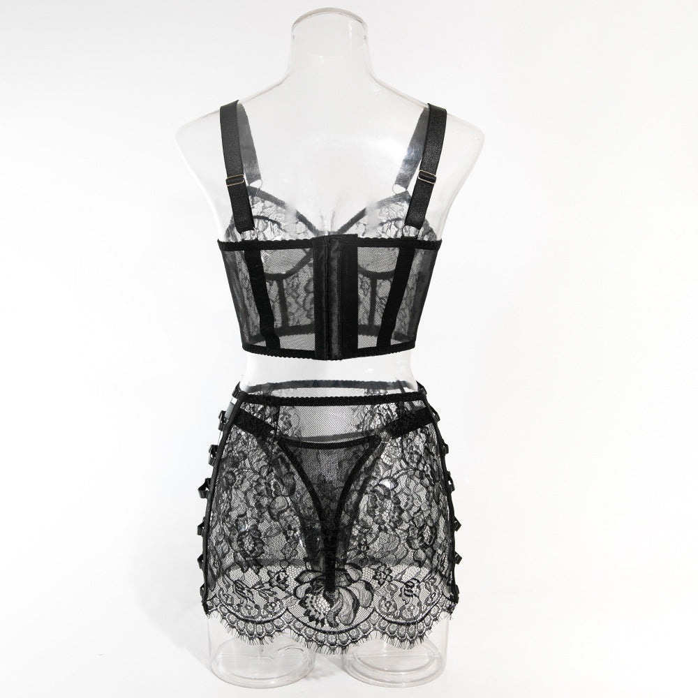 Ultra-Thin Mesh Embroidery Lingerie Set, Hollow See-Through Underwire Cami 3-Piece Sexy Outfit