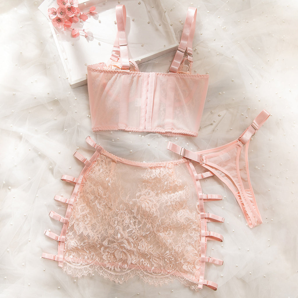 Ultra-Thin Mesh Embroidery Lingerie Set, Hollow See-Through Underwire Cami 3-Piece Sexy Outfit