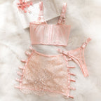 Ultra-Thin Mesh Embroidery Lingerie Set, Hollow See-Through Underwire Cami 3-Piece Sexy Outfit
