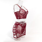 Ultra-Thin Mesh Embroidery Lingerie Set, Hollow See-Through Underwire Cami 3-Piece Sexy Outfit