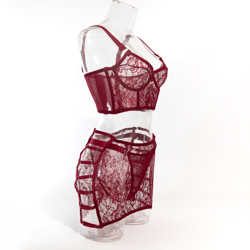 Ultra-Thin Mesh Embroidery Lingerie Set, Hollow See-Through Underwire Cami 3-Piece Sexy Outfit