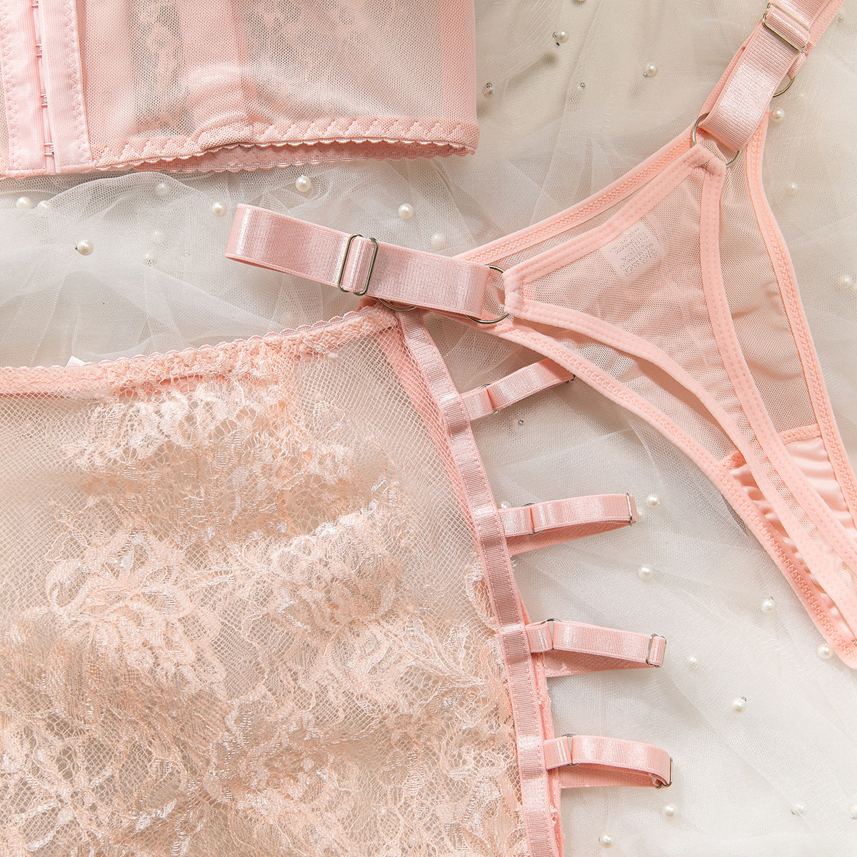 Ultra-Thin Mesh Embroidery Lingerie Set, Hollow See-Through Underwire Cami 3-Piece Sexy Outfit