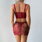 Ultra-Thin Mesh Embroidery Lingerie Set, Hollow See-Through Underwire Cami 3-Piece Sexy Outfit