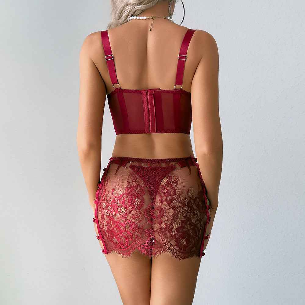 Ultra-Thin Mesh Embroidery Lingerie Set, Hollow See-Through Underwire Cami 3-Piece Sexy Outfit