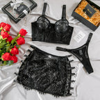 Ultra-Thin Mesh Embroidery Lingerie Set, Hollow See-Through Underwire Cami 3-Piece Sexy Outfit