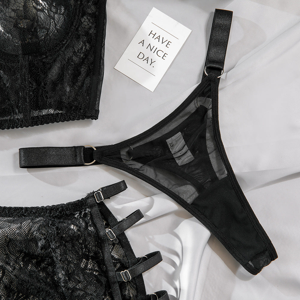 Ultra-Thin Mesh Embroidery Lingerie Set, Hollow See-Through Underwire Cami 3-Piece Sexy Outfit