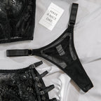 Ultra-Thin Mesh Embroidery Lingerie Set, Hollow See-Through Underwire Cami 3-Piece Sexy Outfit
