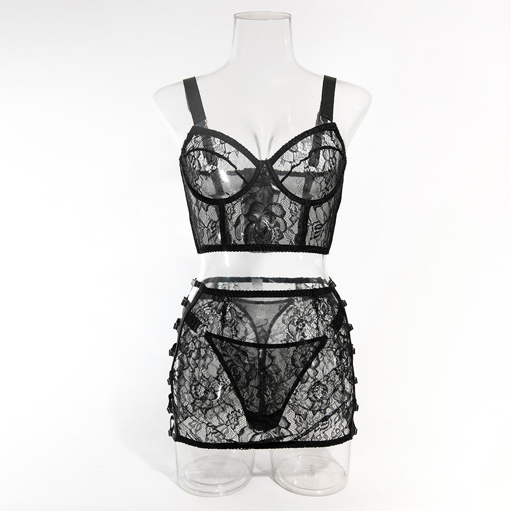 Ultra-Thin Mesh Embroidery Lingerie Set, Hollow See-Through Underwire Cami 3-Piece Sexy Outfit