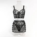 Ultra-Thin Mesh Embroidery Lingerie Set, Hollow See-Through Underwire Cami 3-Piece Sexy Outfit
