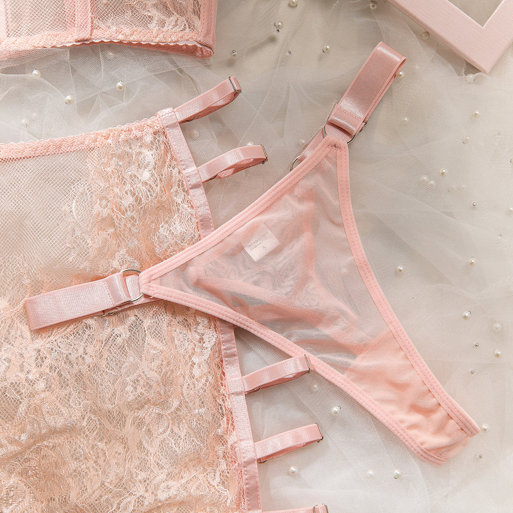Ultra-Thin Mesh Embroidery Lingerie Set, Hollow See-Through Underwire Cami 3-Piece Sexy Outfit