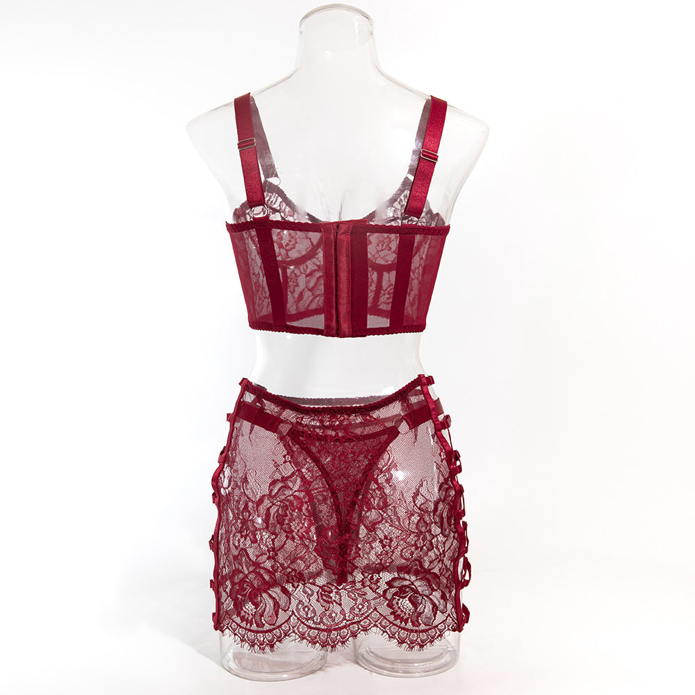 Ultra-Thin Mesh Embroidery Lingerie Set, Hollow See-Through Underwire Cami 3-Piece Sexy Outfit