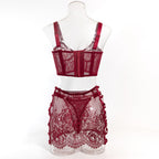 Ultra-Thin Mesh Embroidery Lingerie Set, Hollow See-Through Underwire Cami 3-Piece Sexy Outfit